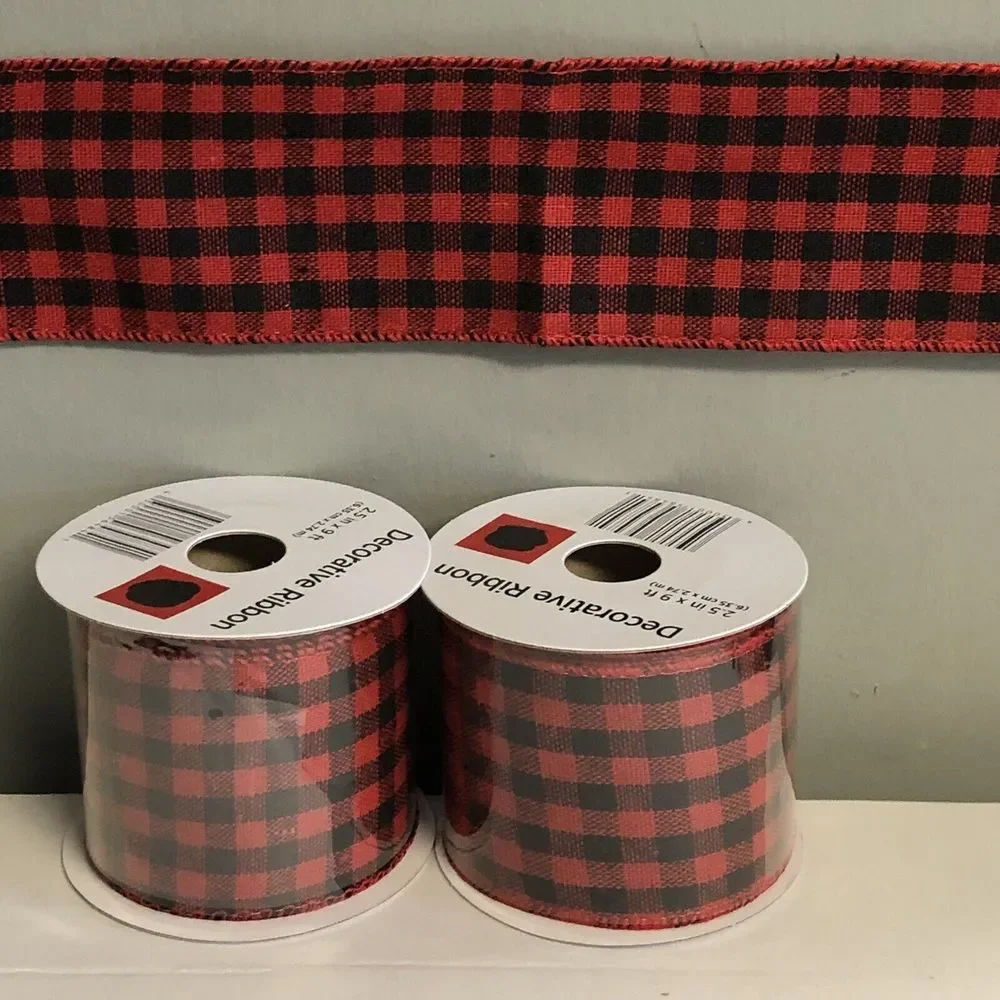Red Black Buffalo Plaid Ribbon -2.5 in x 9 Ft , Wired Edge, Lot Of 2 PCs - Picture 2 of 5